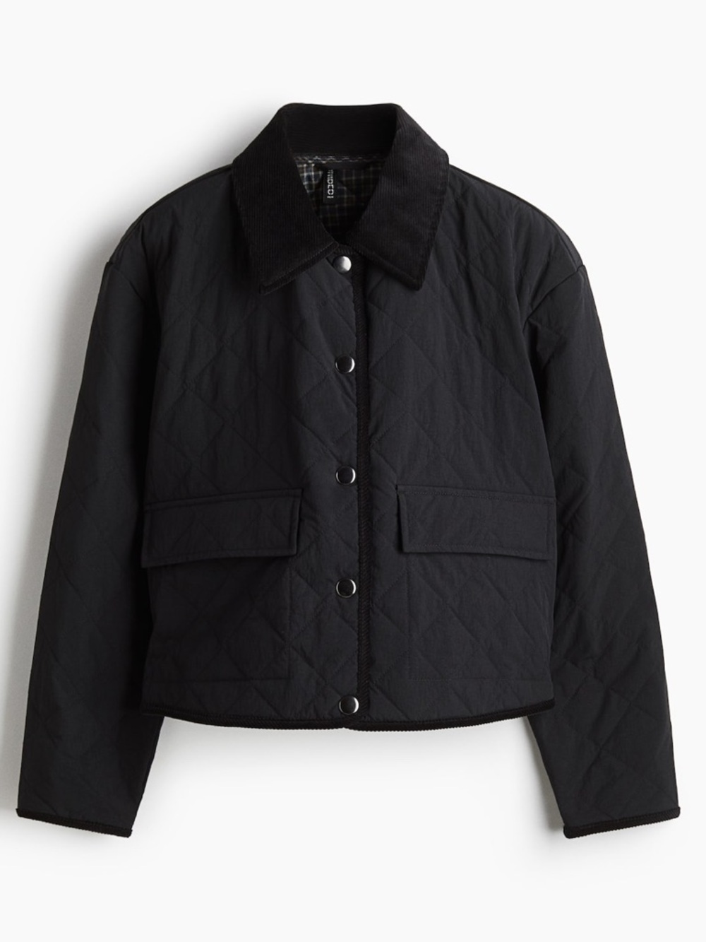 H&M Divided Black Quilted Jacket with Corduroy Collar and Trim